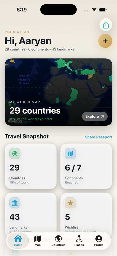 MapMiles dashboard showing a world map and travel statistics