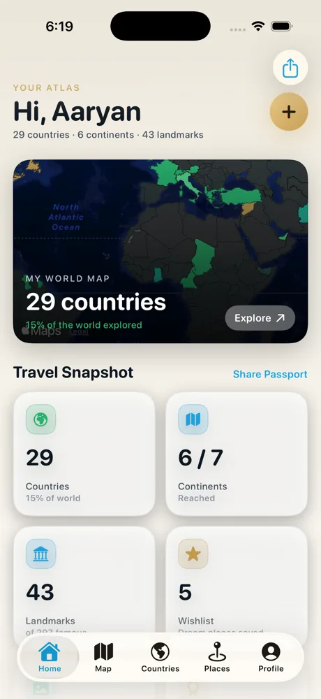 MapMiles dashboard showing a world map and travel statistics