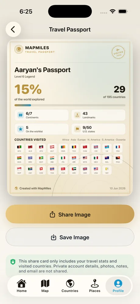 MapMiles digital travel passport screen
