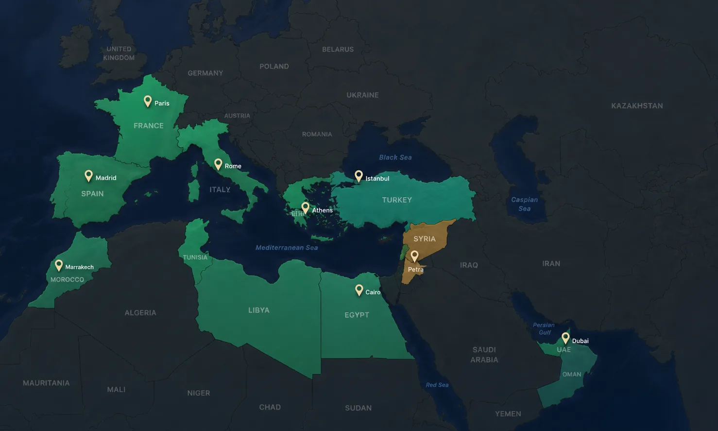 Dark MapMiles-style travel map with visited regions and place markers highlighted